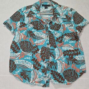 R#52 Mirror Image Women's Turquoise Tropical Leaf Print Button Up Shirt Size 1X‎